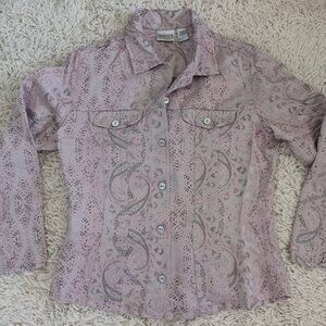 Chico’s Silk Blend Paisley Jacket Womens Size 0 Pink Button Front Lightweight